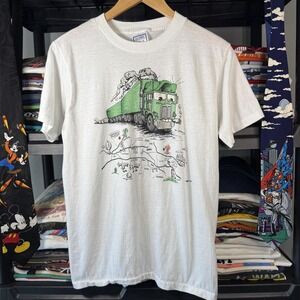 Vintage 80s Trucker Map Graphic Men's White T-Shirt Size L Made in USA